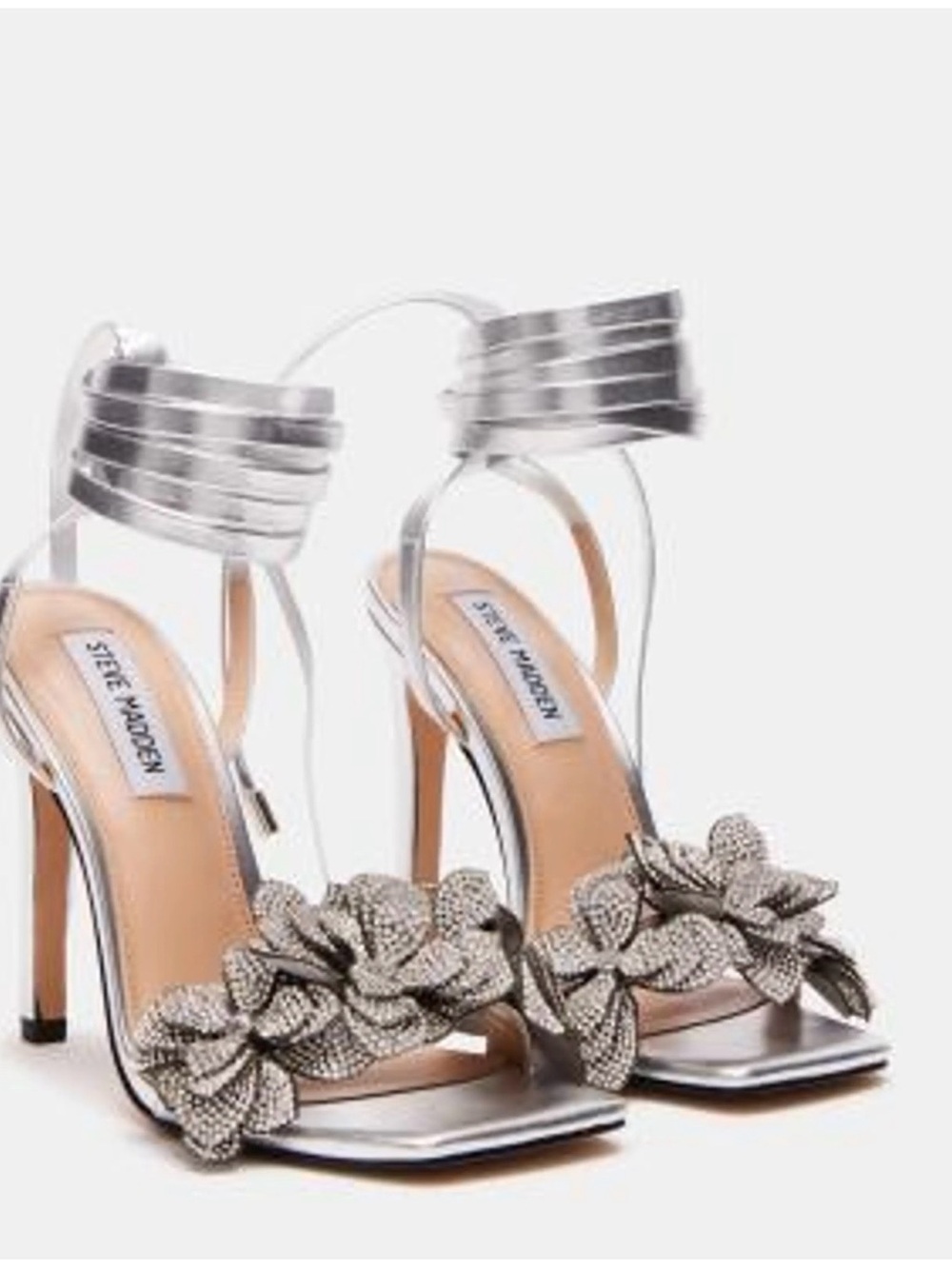 Steve Madden Jolisa Silver Ankle Strap Floral Embellished High Heel Sandals